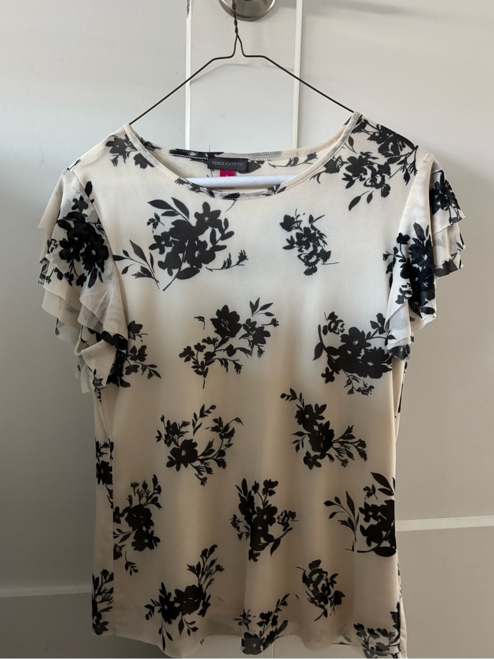 Vince Camuto Cream Top with Black Floral Print and Ruffle Sleeves